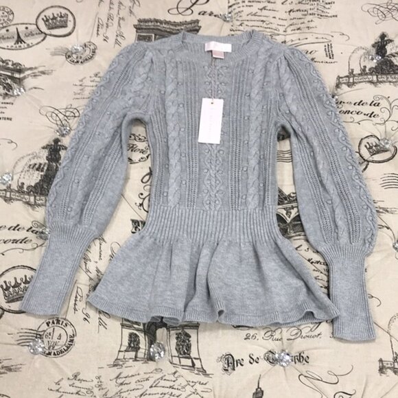 Rachel Parcell Cable Bobble Peplum Cotton Blend Sweater - Picture 2 of 5